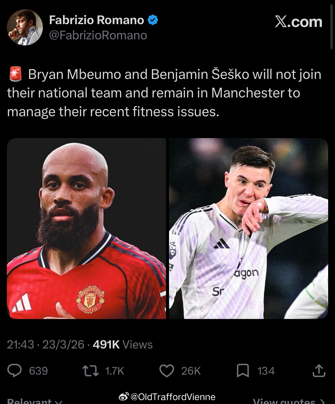 罗曼诺：姆贝乌默和谢什科因身体不适分别退出各自国家队，将继续留在曼彻斯特恢复 