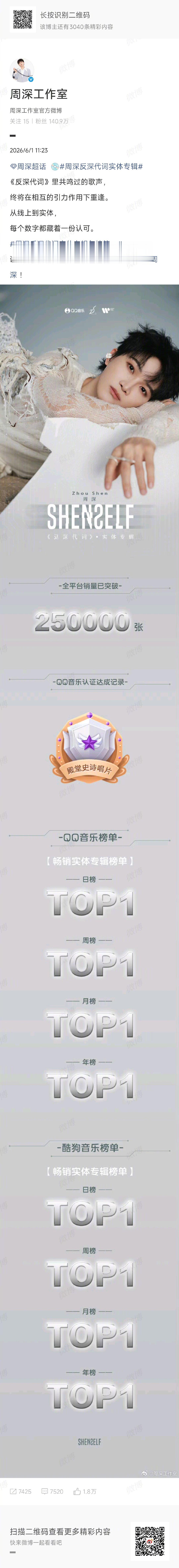 周深反深代词认证殿堂史诗唱片周深反深代词专辑年榜第一周深《反深代词》实体专辑直接
