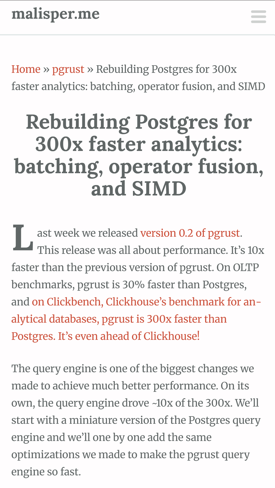 技术博文： 重构 Postgres，实现分析查询 300 倍提速：批处理、算子融