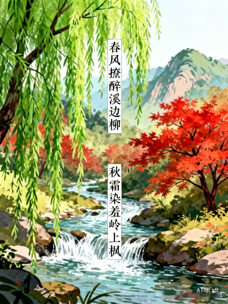 上联：春风撩醉溪边柳，下联才友请，秋霜染羞岭上枫！🍁
