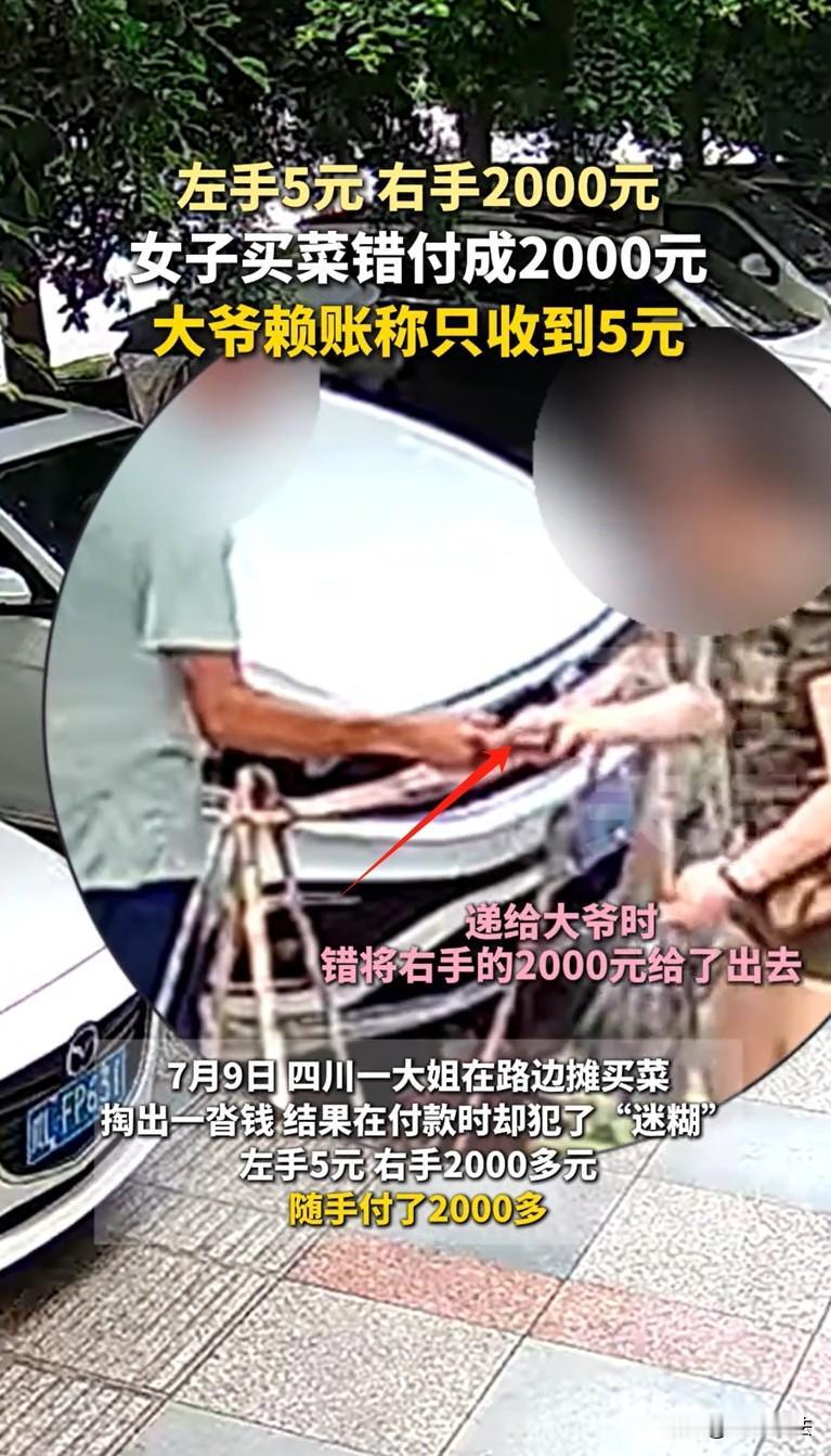 四川，一大姐路边摊买几块钱青菜，左手捏着5元零钱，右手攥着两千多现金，结果手一滑