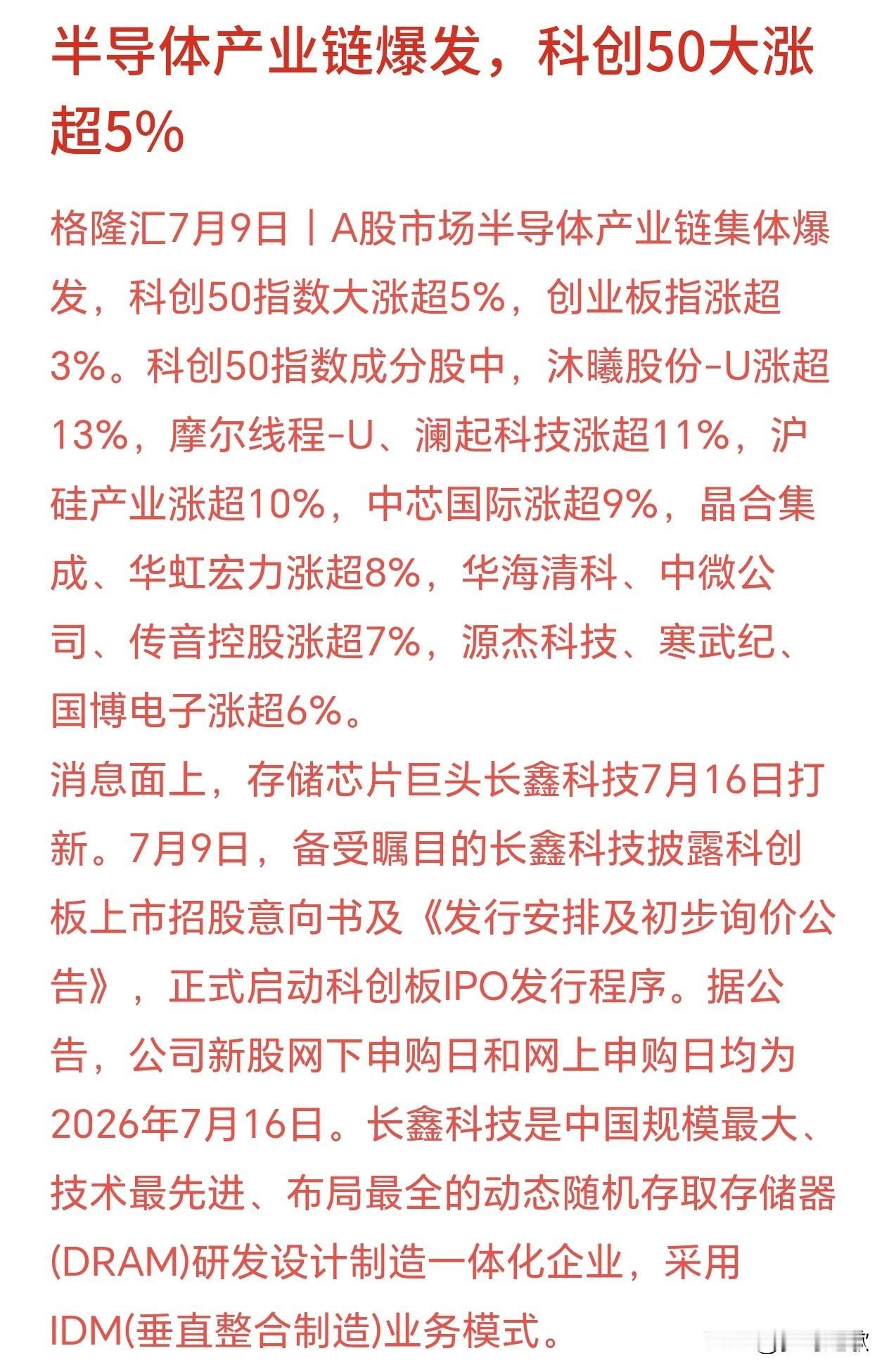 机构给了今天半导体板块大涨原因
今天A股半导体全线大涨：科创50涨超5%、创业板