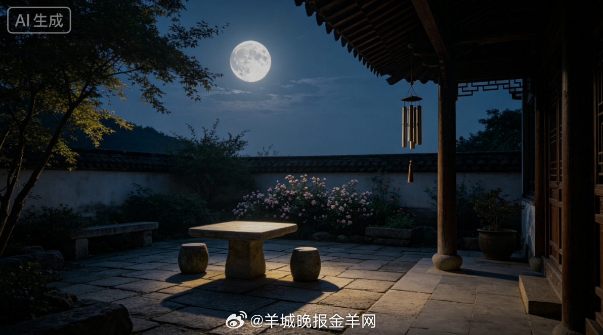 #晚安# 月光落在安静的庭院石桌上，晚风吹动檐下风铃，远处花丛裹着夏末的温柔气息