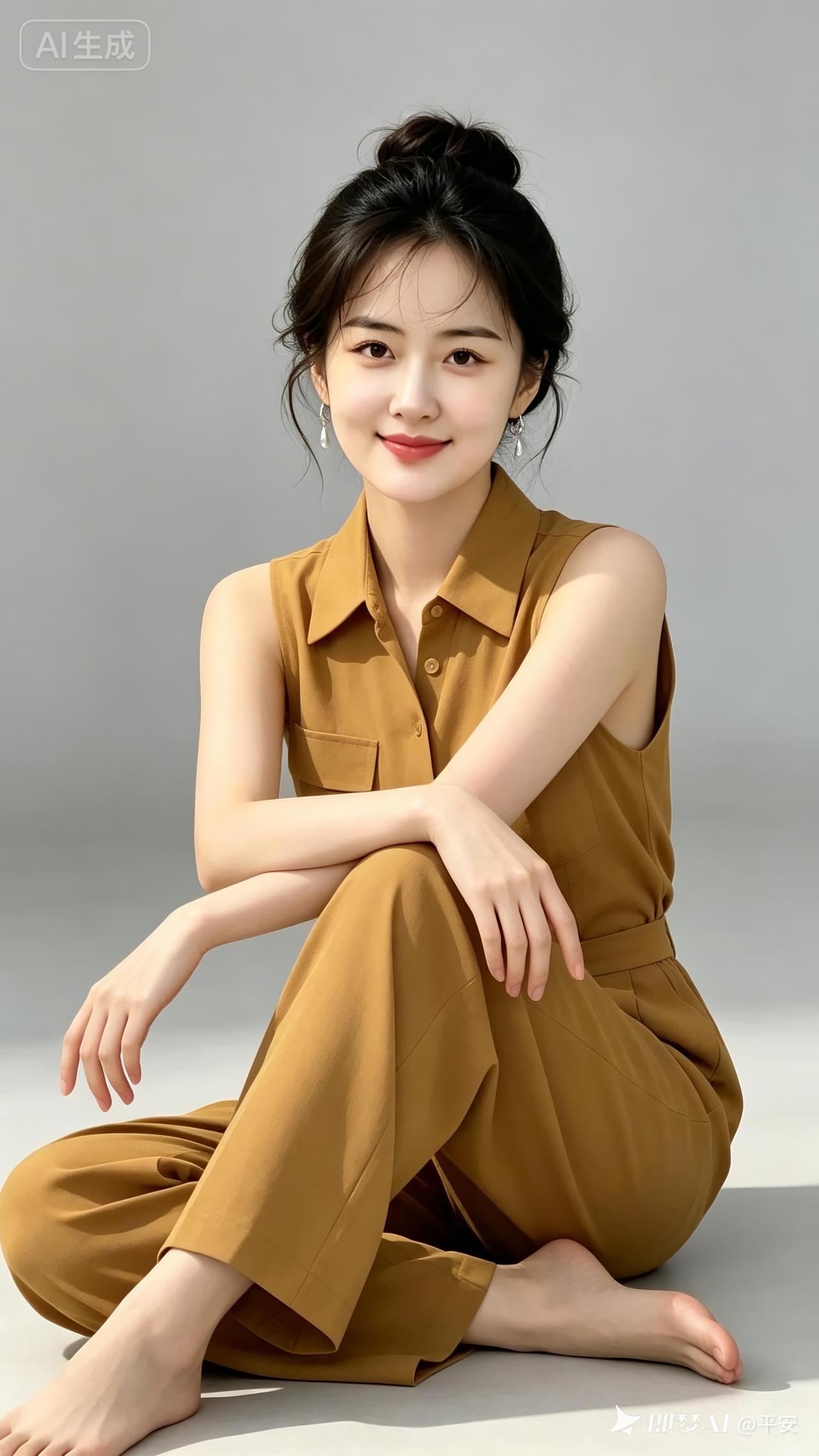 一位气质温婉、清新知性的年轻亚洲女性，一头乌黑的秀发在脑后盘成一个优雅的低发髻，