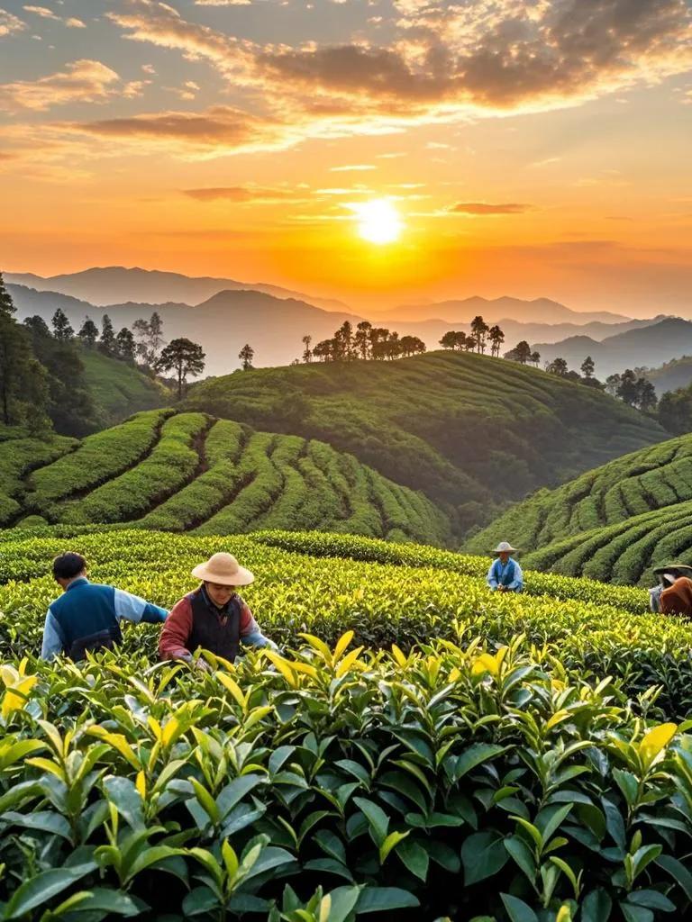 夕阳下茶园如诗。光绘翠影，香醉暮时，自然妙笔难辞。原创诗景图分享 秋秋月芽