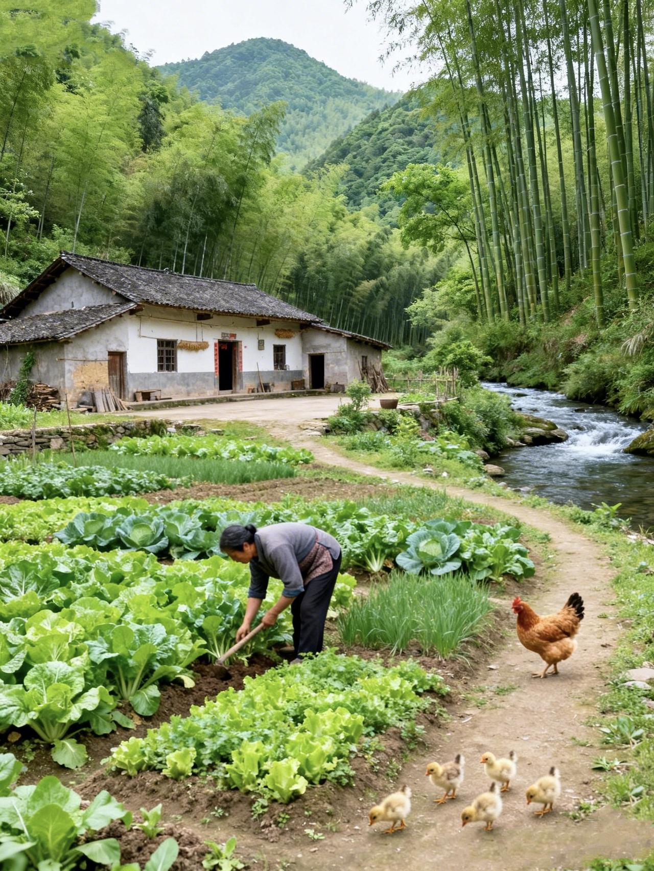 《山居农趣》
 
翠岭环村云气深，修篁摇影拂青林。
茅檐白壁炊烟寂，菜圃疏畦绿意