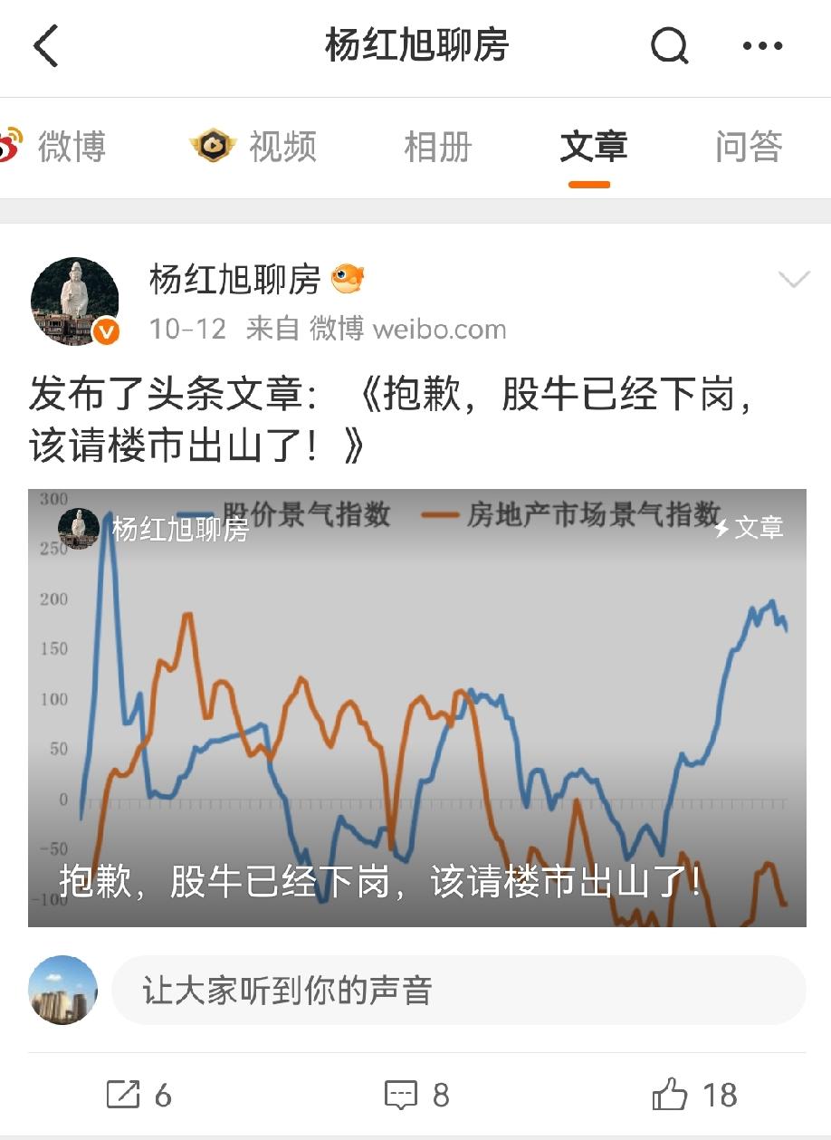 地产大V杨红旭发文《抱赚，股牛已下岗，该请楼市出山了》，看了一遍，有一种守株待兔