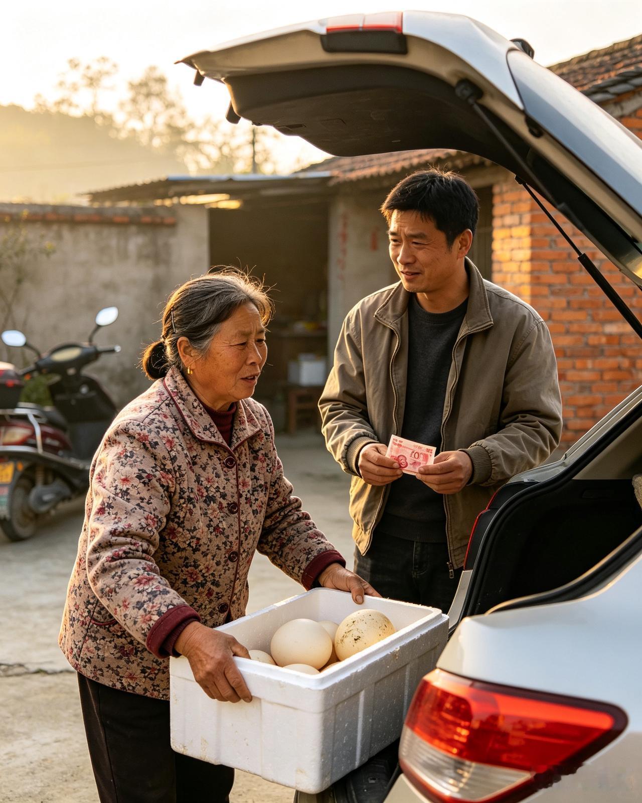 昨天回老家，临走时二婶给我装了4个鸵鸟蛋。我拿了200块给她，她说什么都不肯收。