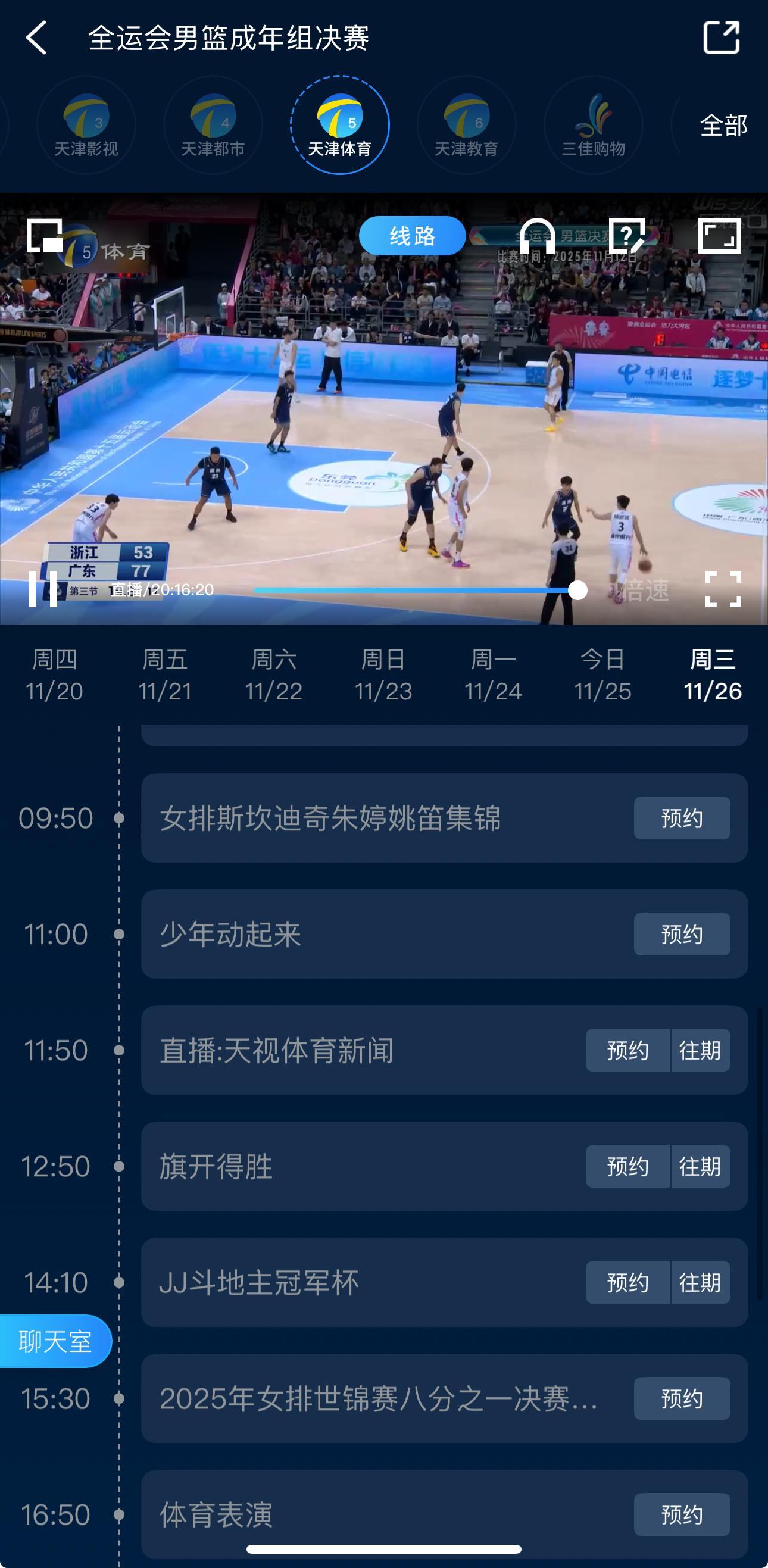 明天天津体育早上继续播朱婷在斯坎的集锦，下午继续回放世锦赛1/8