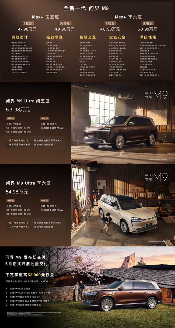 全新一代问界M9上市了起售价47.98万起Ultimate领世加长版也同步亮相，