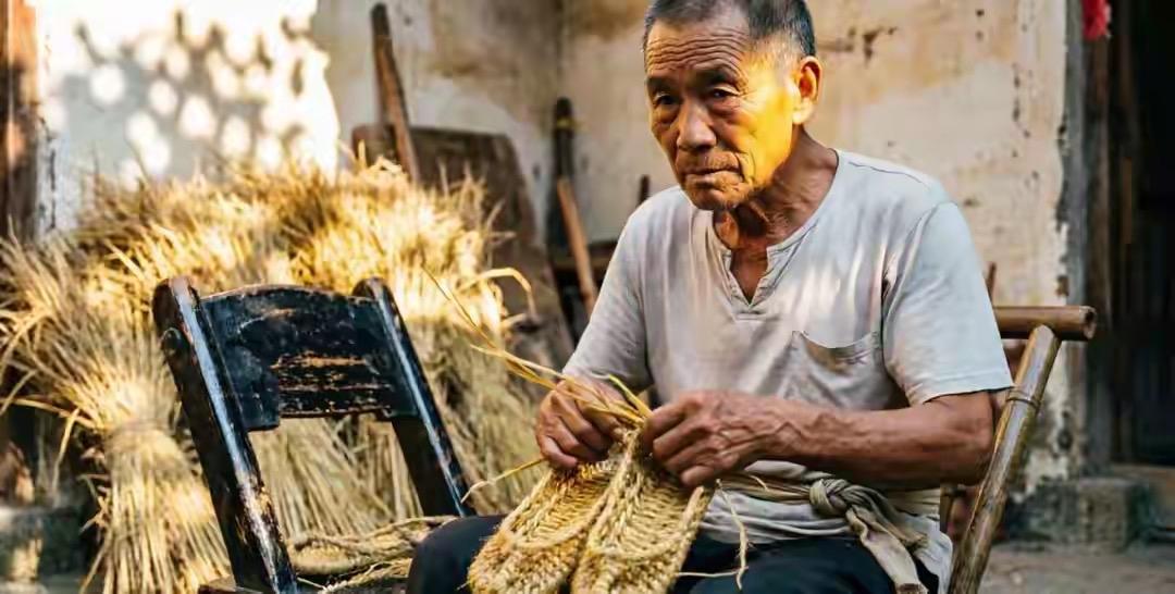 75岁的钟荣堤守着祖传三代的草鞋凳48年，指尖翻飞间把稻草与黄麻编成草鞋。90多