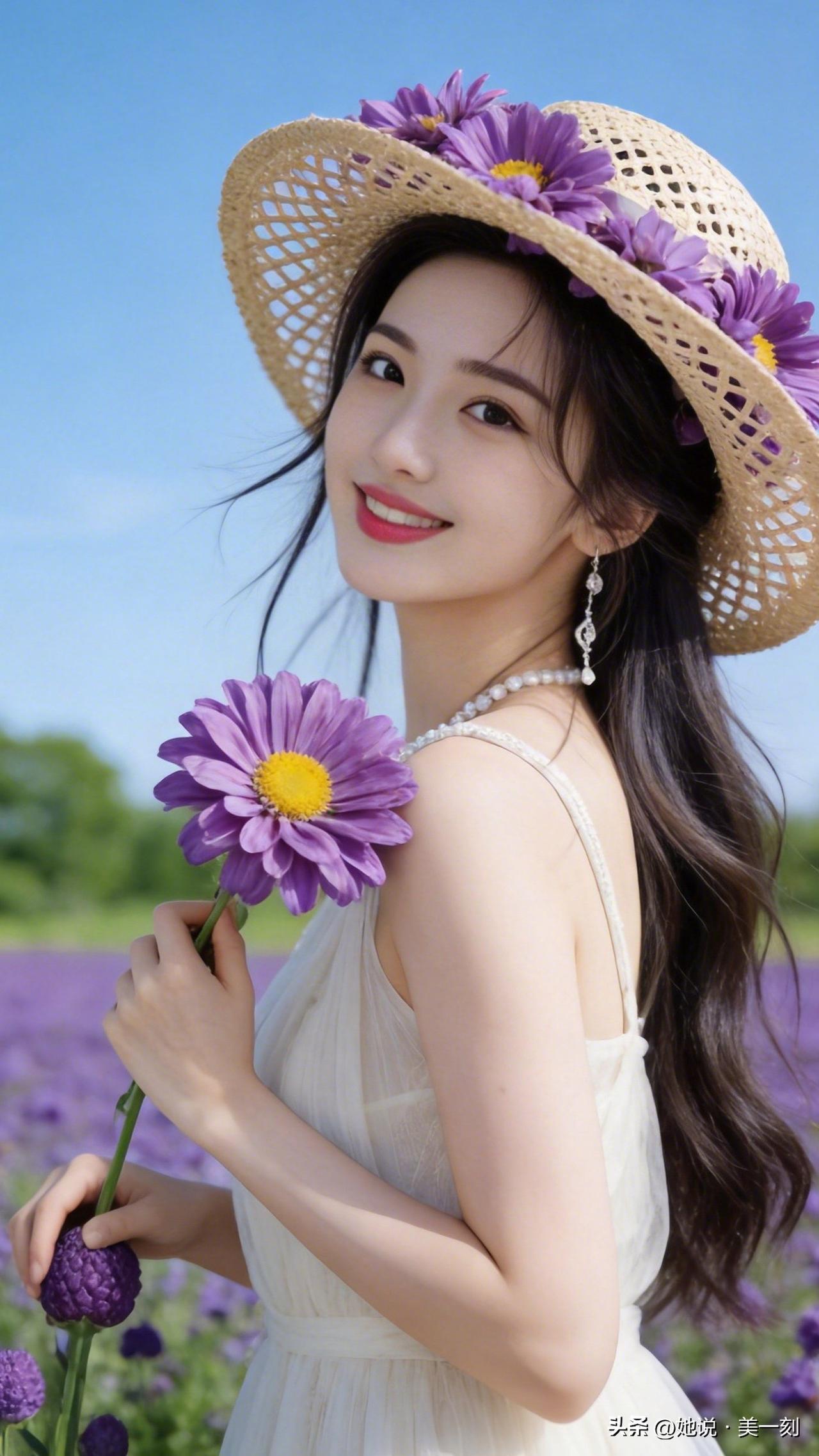 夏日花田中的甜美少女，手持紫色雏菊，笑容如花般绽放。你见过最美的回眸一笑是什么样