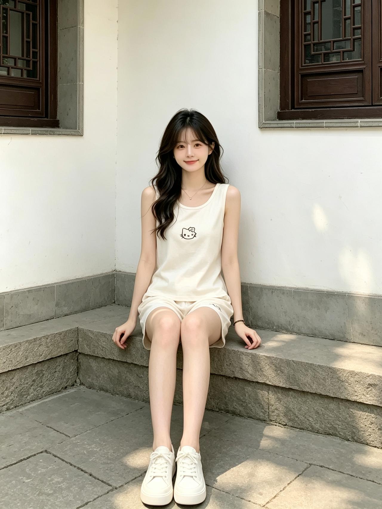 女孩子怎么穿搭既时尚又好看?
阳光洒在青石台阶，穿着奶呼呼的凯蒂猫套装，乖巧坐好