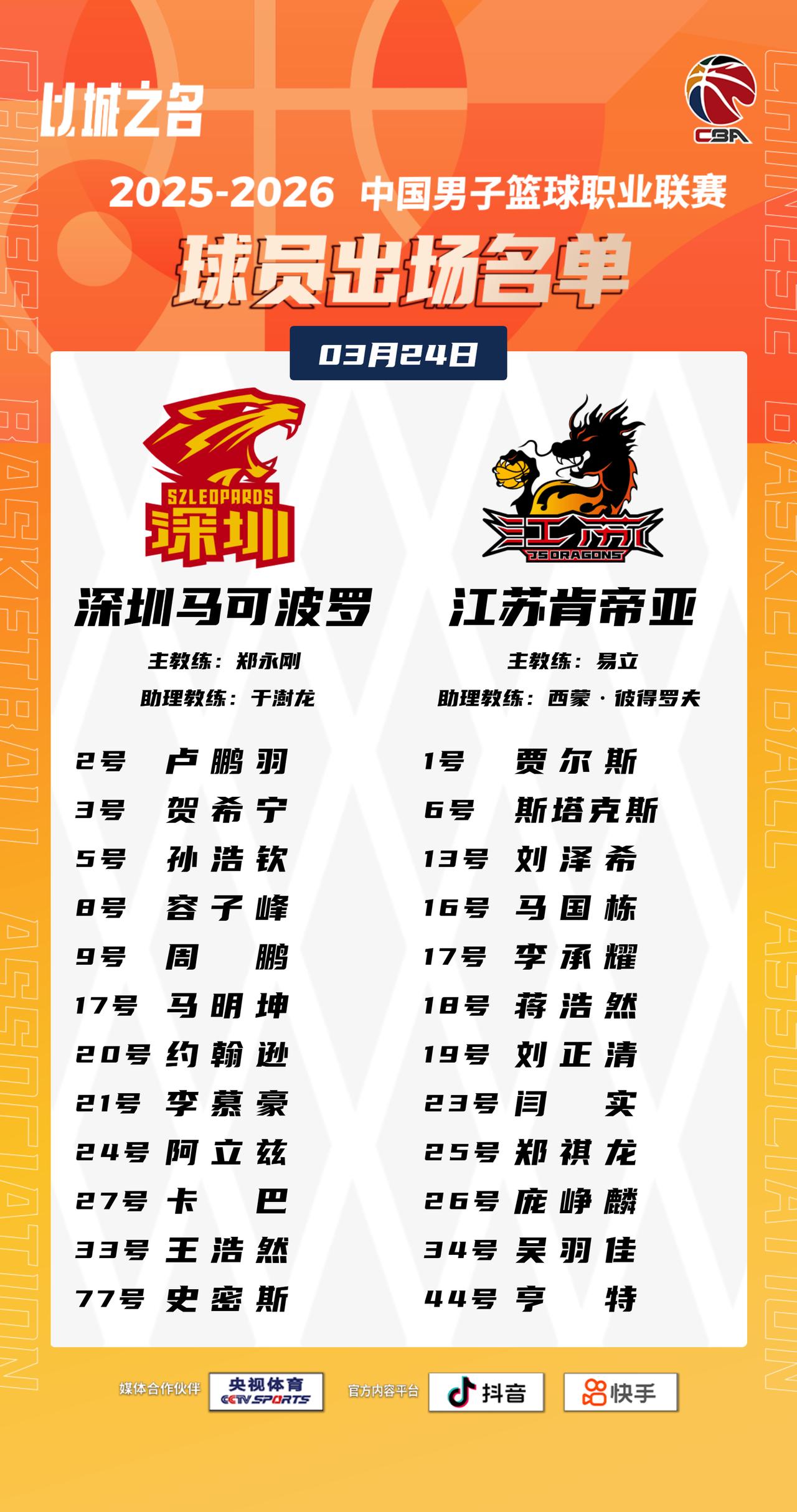【大名单出炉】2025-2026赛季CBA联赛常规赛第三十轮今晚开打，2场比赛将