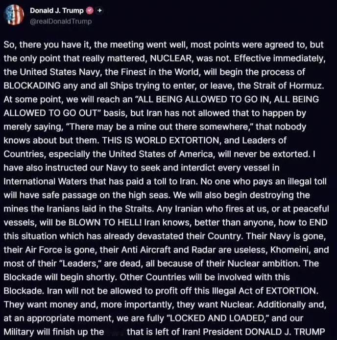 懂王又开始发神经了，宣布让美军封锁霍尔木兹海峡。我去，伊朗还只是管控通行，懂王直