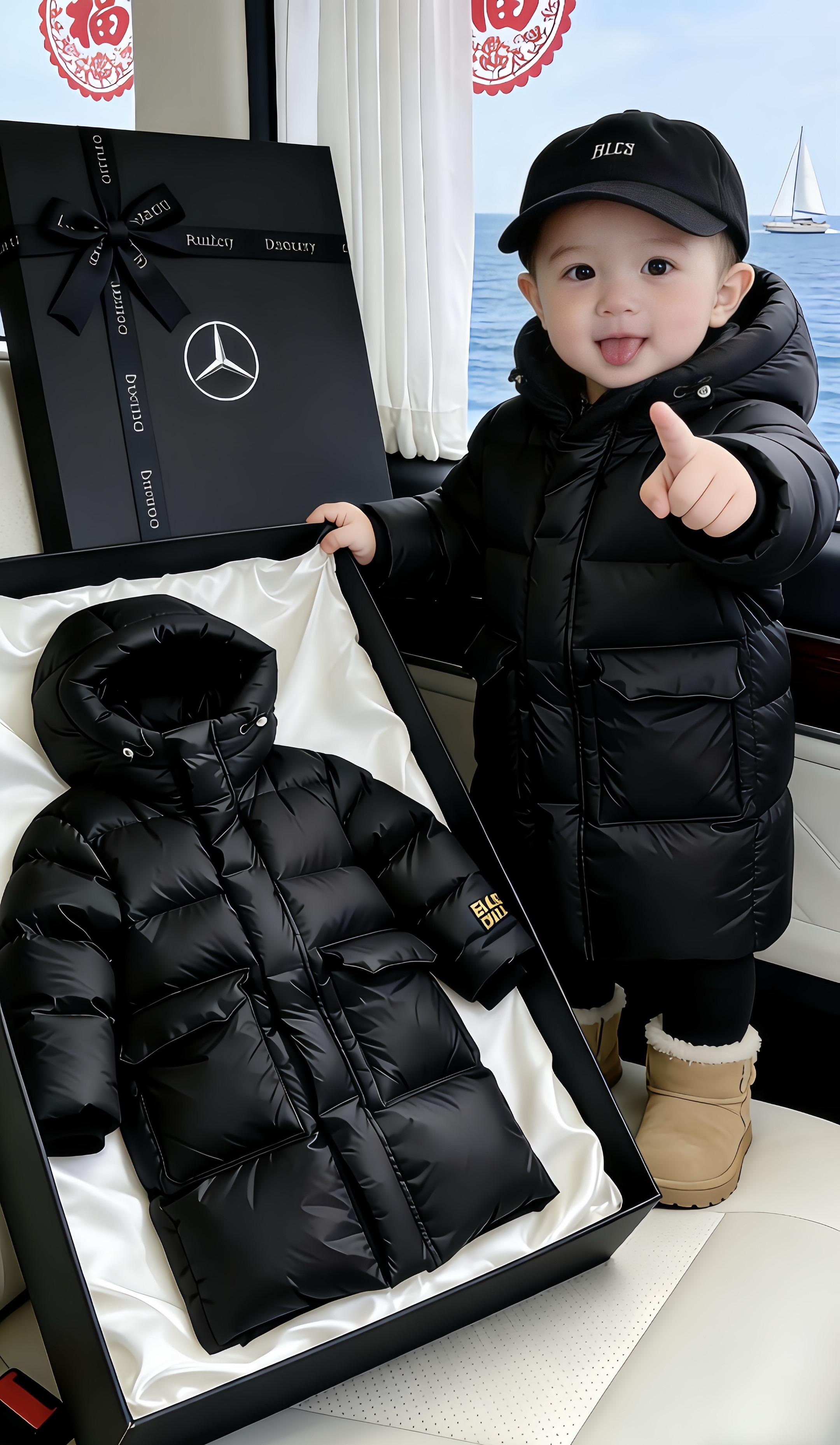 黑金羽绒服中长款羽绒服萌宝穿搭男女童羽绒服 免洗羽绒服