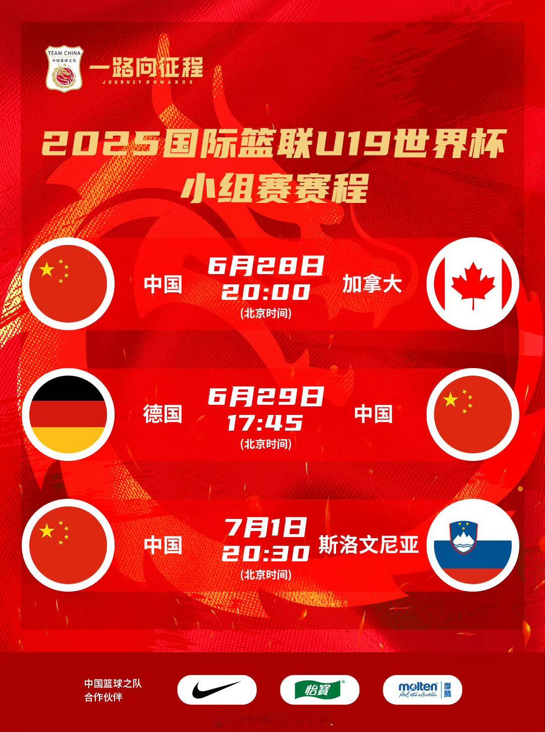 2025国际篮联U19世界杯中国队的小组赛将于明晚八点开始首战对加拿大，接着是德