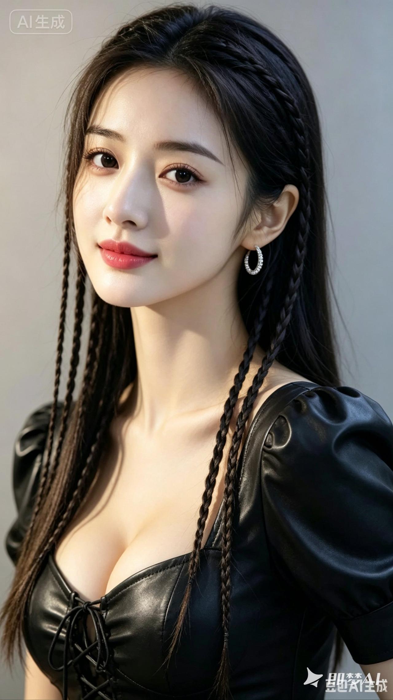 甜美少女风，黑皮衣与编发完美搭配，尽显时尚魅力！