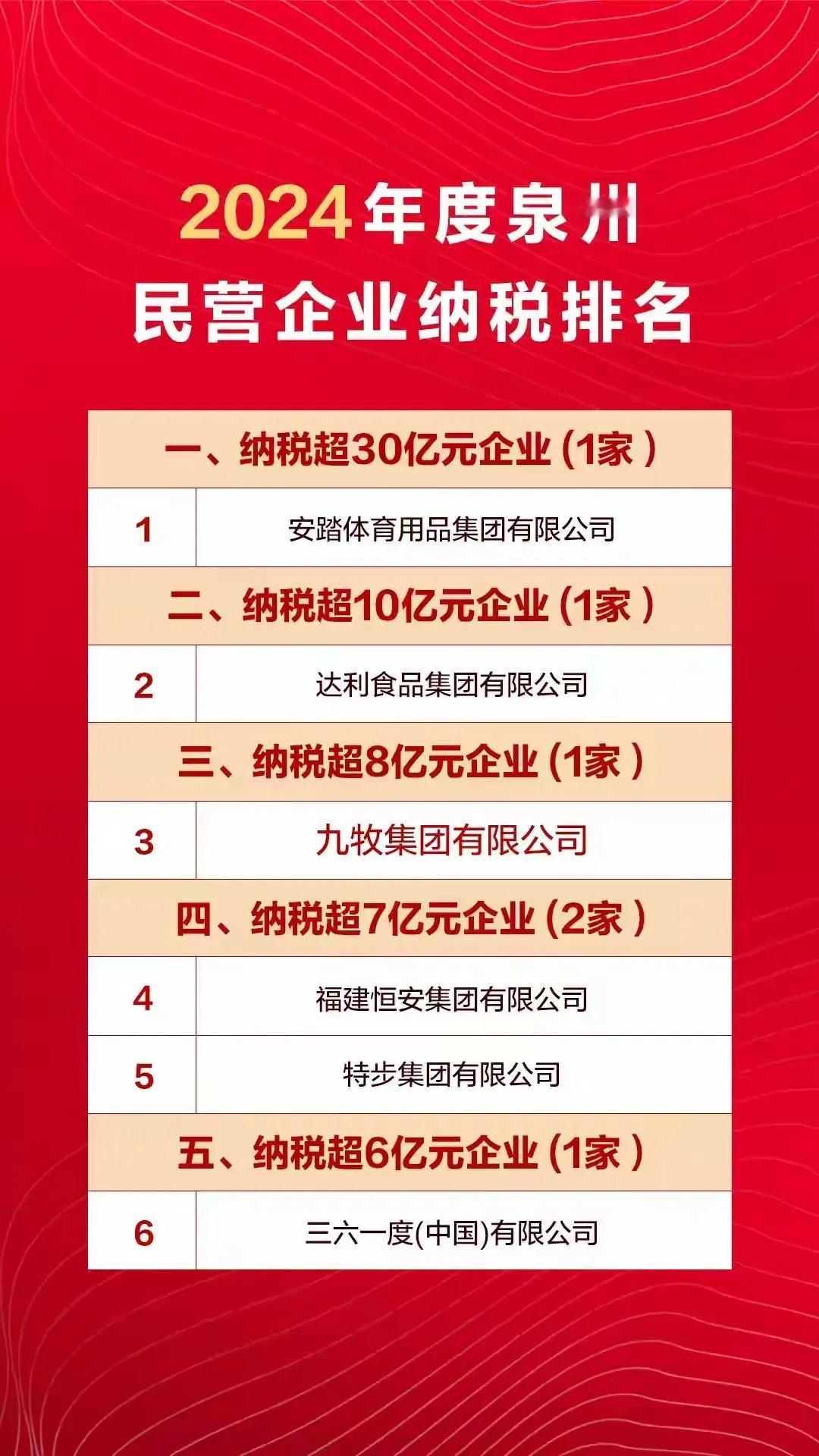 2024年度泉州民营企业纳税超6亿元的企业有6家 安踏集团占据榜首

2024年