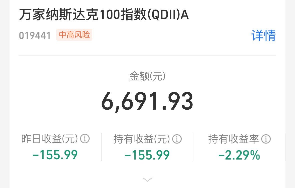 纳指定投实在火爆，这只前几天限额每天一万，到昨天只有五十了。投了一万进去，最终只