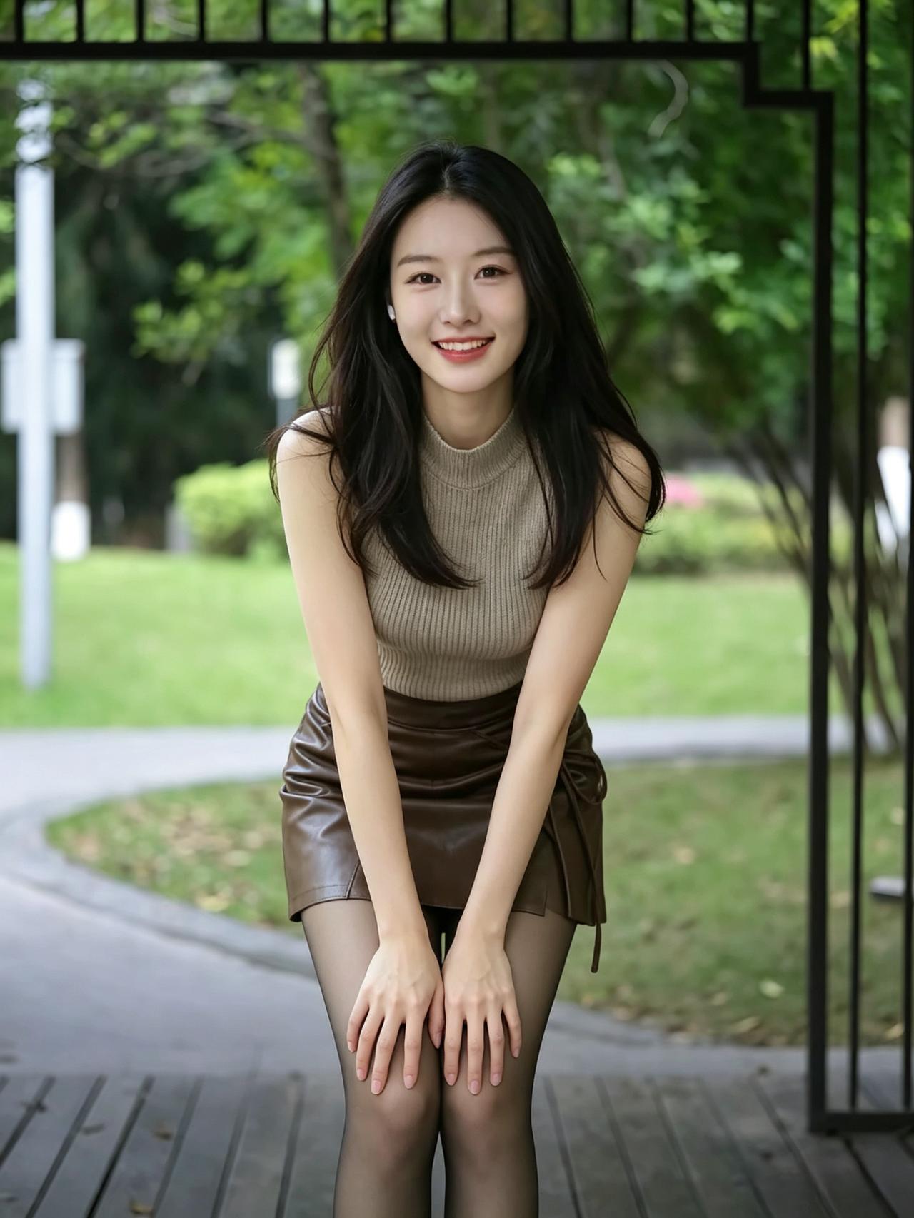 青郊幽榭映芳姿，浅黛轻颦笑靥滋。
素臂凝脂光似玉，纤腰束影韵如丝。
棕衫暗拢春山