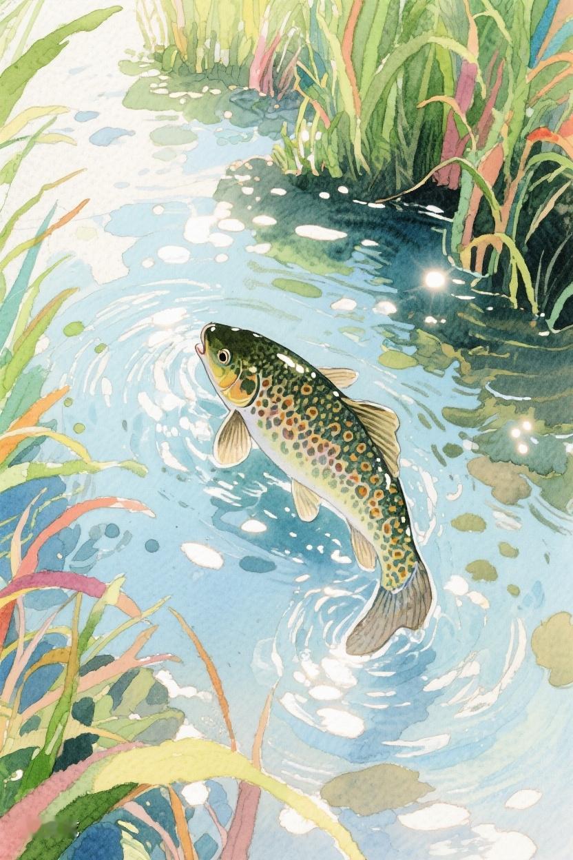 AI随心绘在五彩斑斓的溪流里，那灵动的鱼儿似在诉说：生命于灵动处，自有一番绚烂生