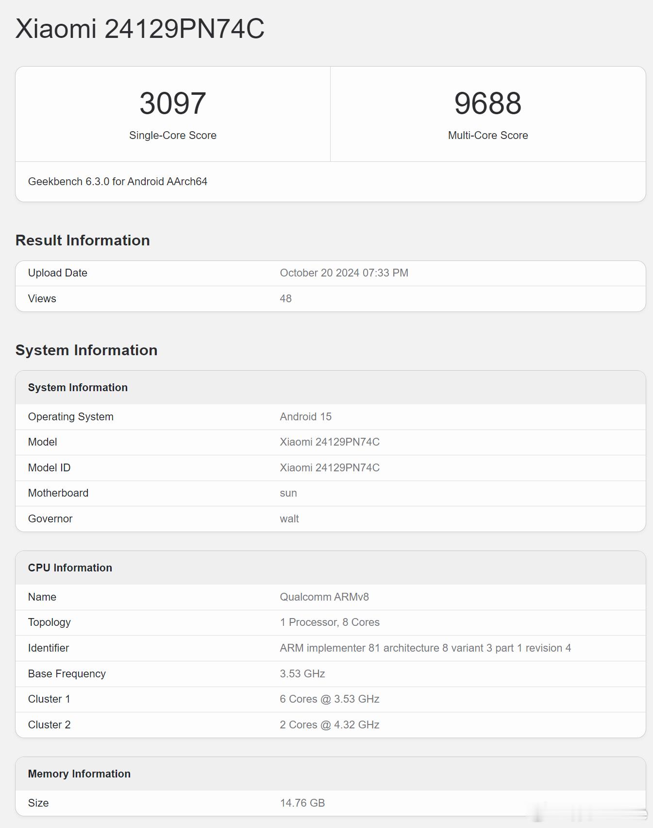 小米15的GB6跑分出来了，3097/9688。是不是今年最期待的小直屏？ ​​