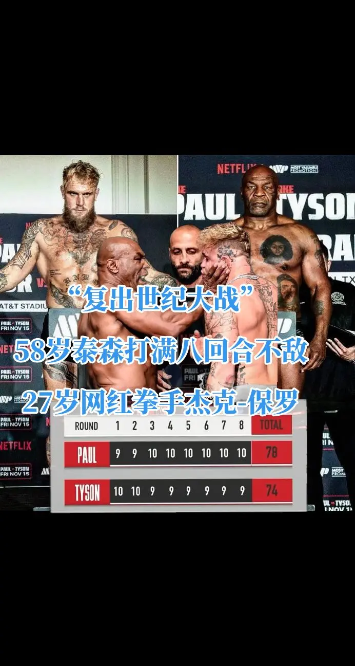 据悉，本场比赛，杰克-保罗将获得4000万美元的报酬，而泰森的报酬也高...