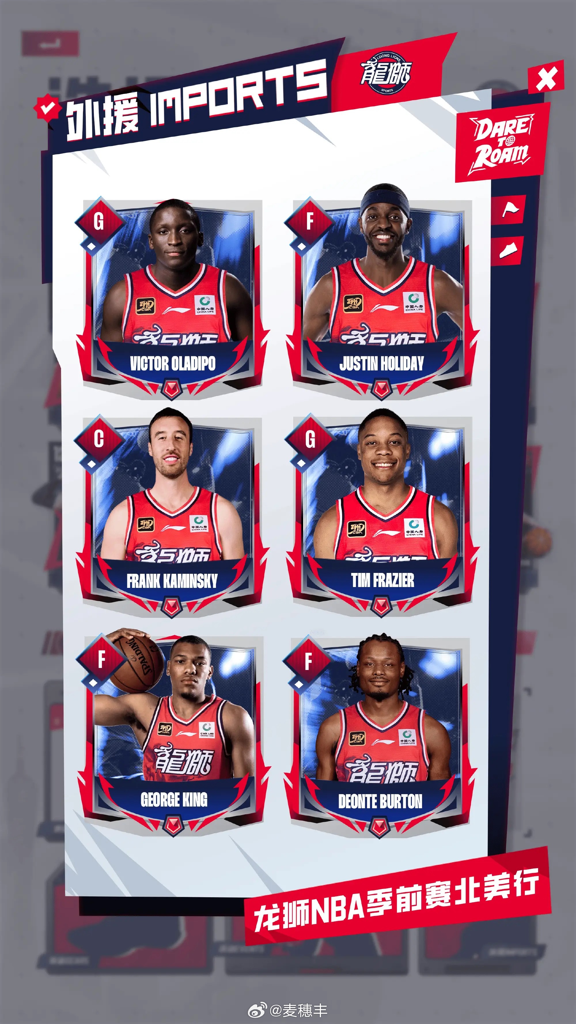 广州龙狮男篮公布参加NBA季前赛的外援阵容，其中包括奥拉迪波等前NBA球员。龙狮
