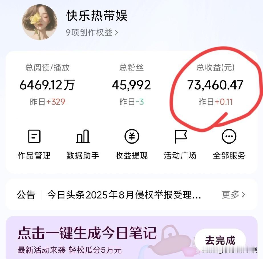 在头条快十年，但是真正加入写作的是从2024年1月开始
也就是说快两年的时间挣了