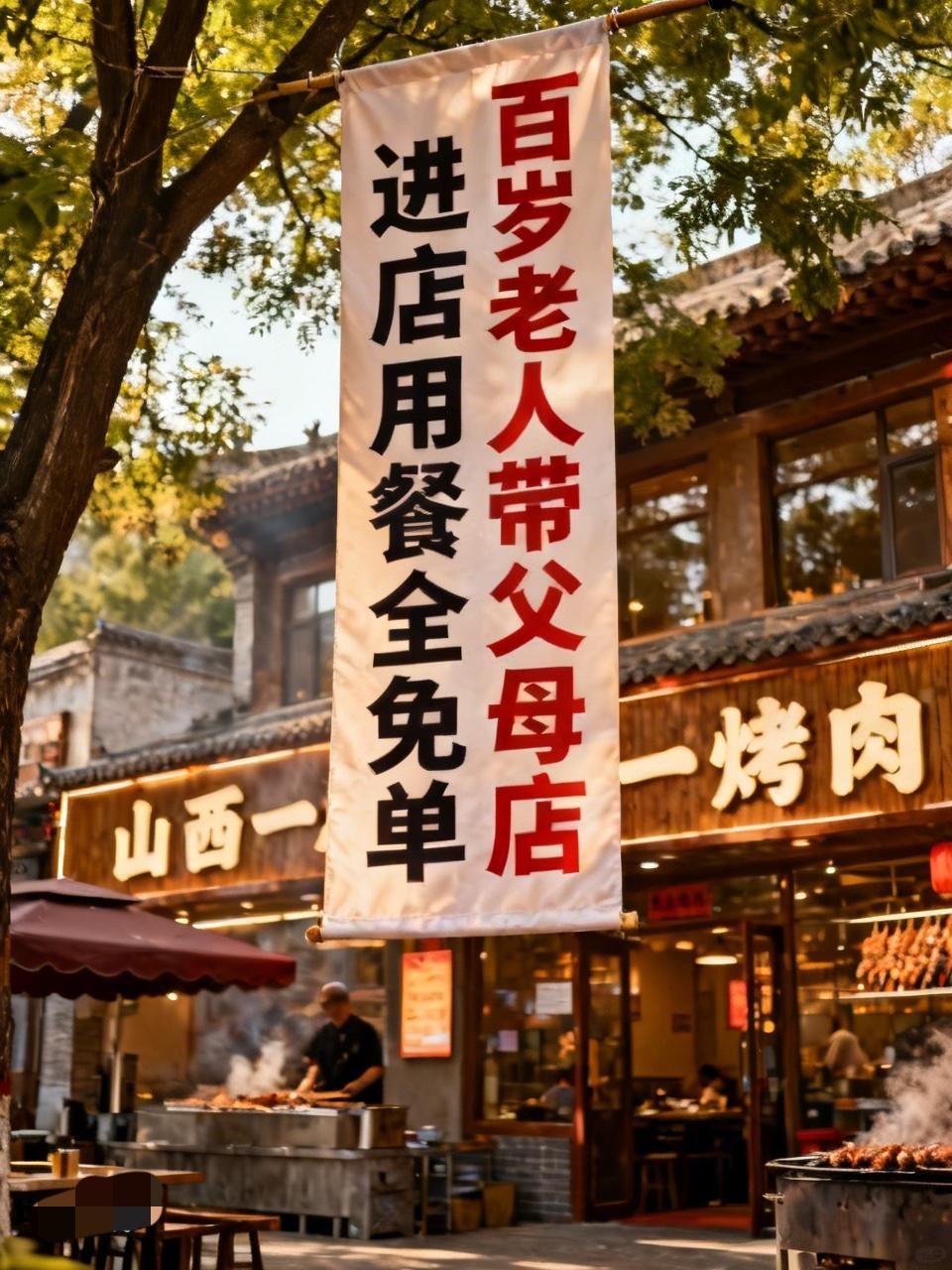 山西一烤肉店拉横幅，“百岁老人带父母进店用餐全免单”，网友：那父母至少得120岁
