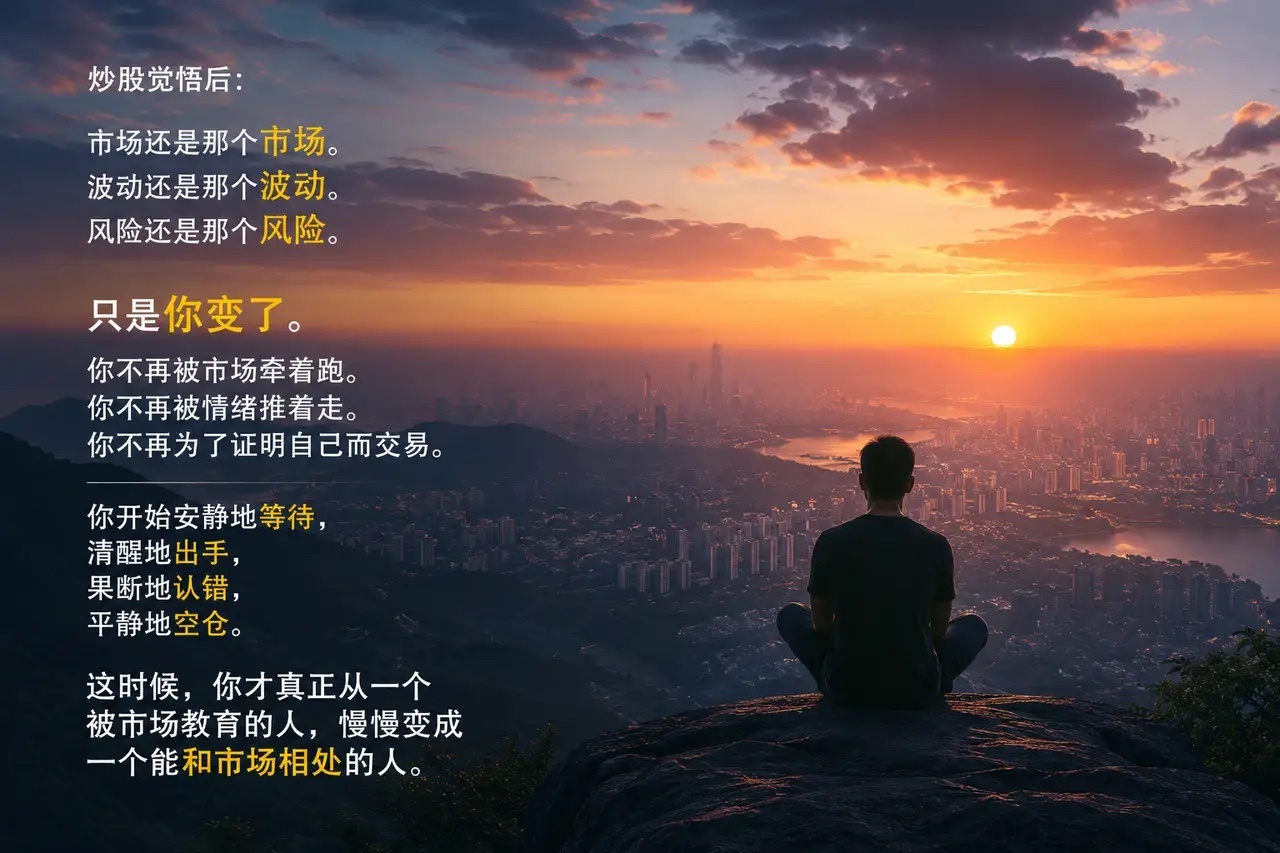 炒股觉悟后：市场还是那个市场。波动还是那个波动。风险还是那个风险。只是你变了。你