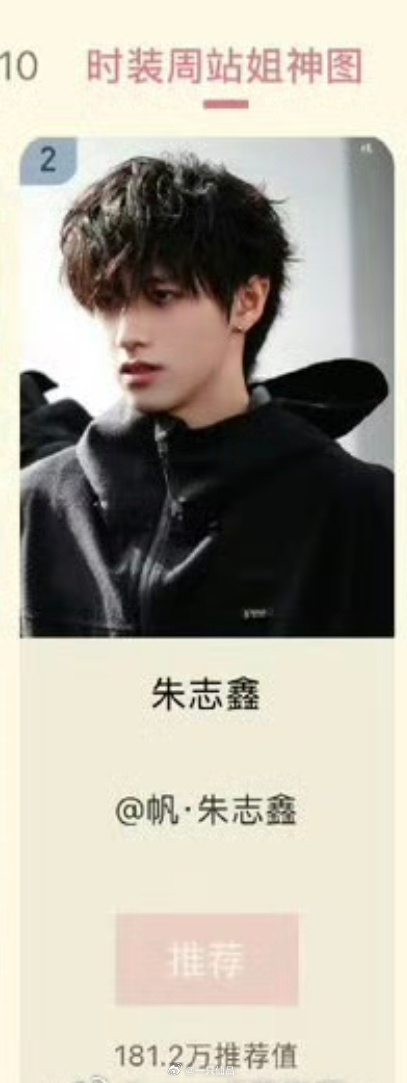 2026秋冬时装周评选投票最终排名051朱志鑫是top第一，好棒，朱志鑫粉丝牛比