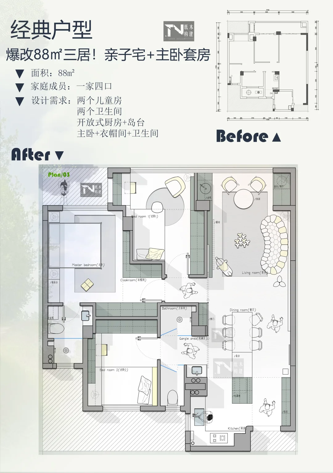 🔥「88㎡三居爆改！主卧套房+双儿童房+岛台厨