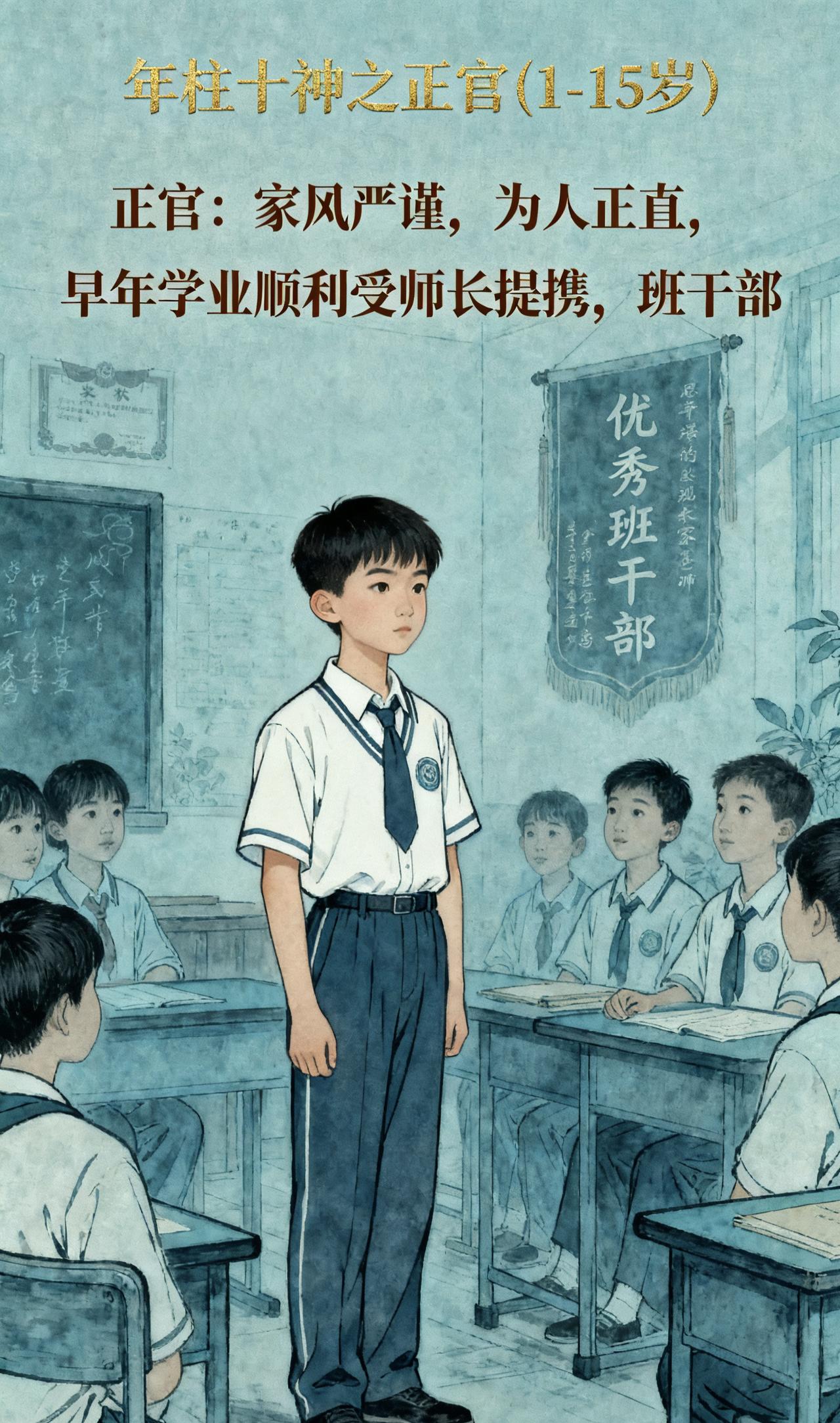 年柱十神：1-15岁
正官
家风严谨，为人正直，早年学业顺利受师长提携，班干部