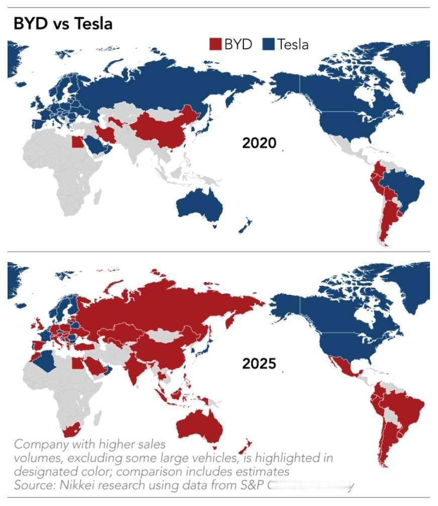从被马斯克嘲笑，到逆袭，比亚迪花了五年时间。
如果不是欧美的贸易壁垒，估计这张世