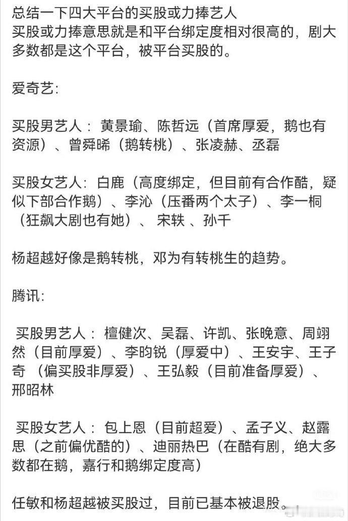 四大平台力捧艺人  四大平台买股艺人 看到这份艺人汇总，感觉娱乐圈的资源竞争好激