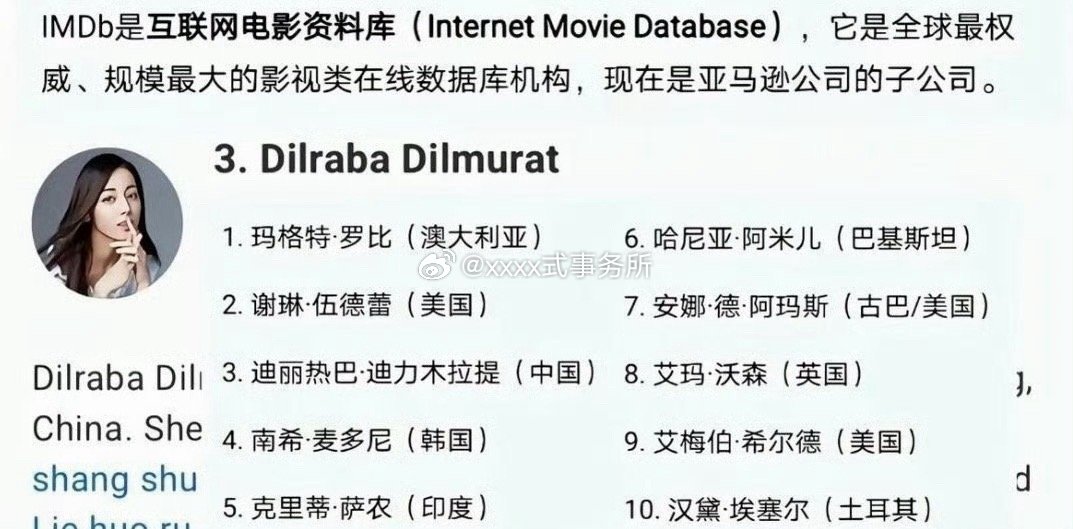 国际电影资料库imdb把迪丽热巴·迪力木拉提列为2025-2026年全球十大最美