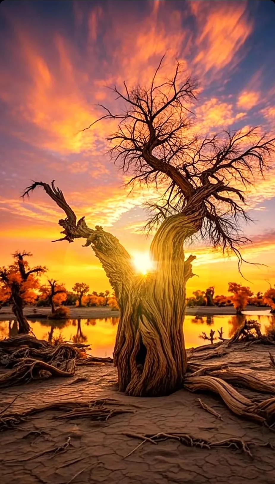 荒漠中的孤树，夕阳下的剪影，震撼的自然之美。夕阳与树木 秋冬美景手摄 大漠胡杨奇