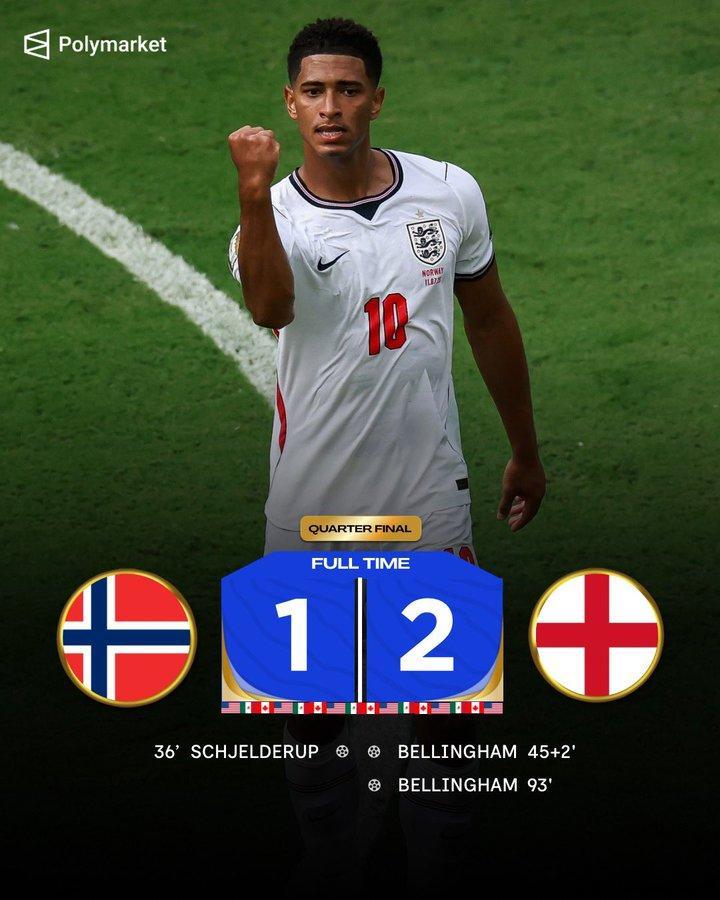 挪威vs英格兰挪威1比2英格兰 全场比赛结束！英格兰队以2-1逆转击败挪威队杀进