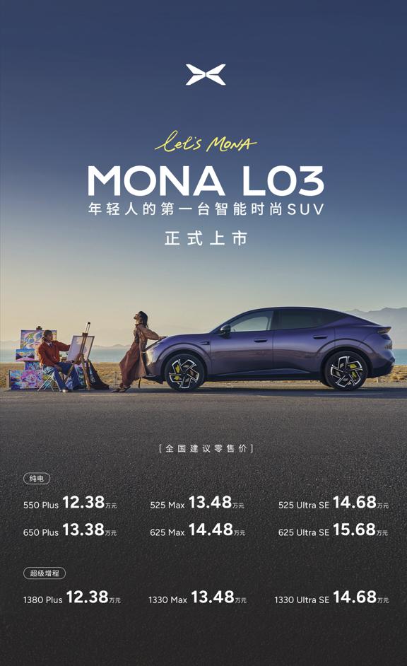 7月16日，小鹏汽车在德国慕尼黑正式发布MONA L03，起售价12.38万元，