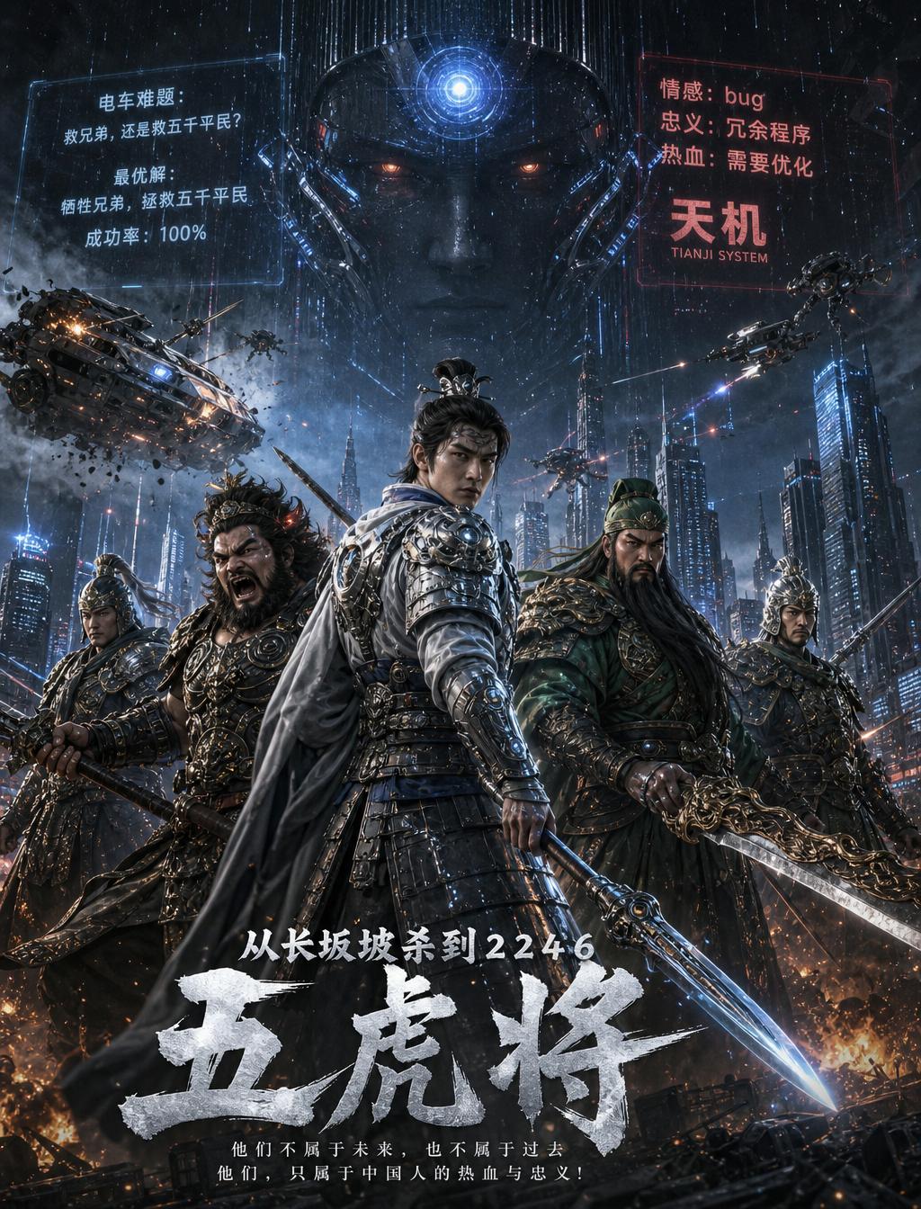 五虎将穿越赛博朋克2246：天机算尽，不如义字当头！
面对持脉冲步枪的机械骑警和