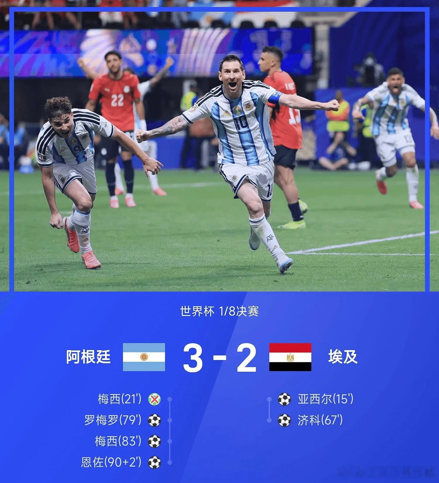 世界杯战报：梅西失点后传射，恩佐绝杀，阿根廷让二追三3-2埃及7月8日26赛季世
