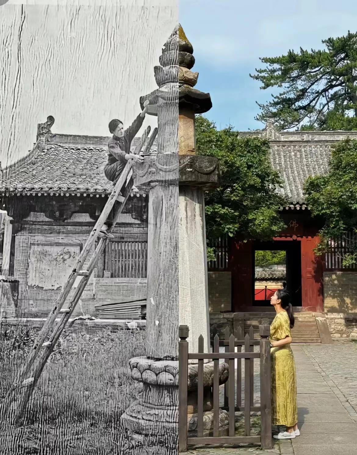 这是一场时隔90年的对望，梁思成的曾孙女梁周洋在山西五台县佛光寺的经幢前，用一种