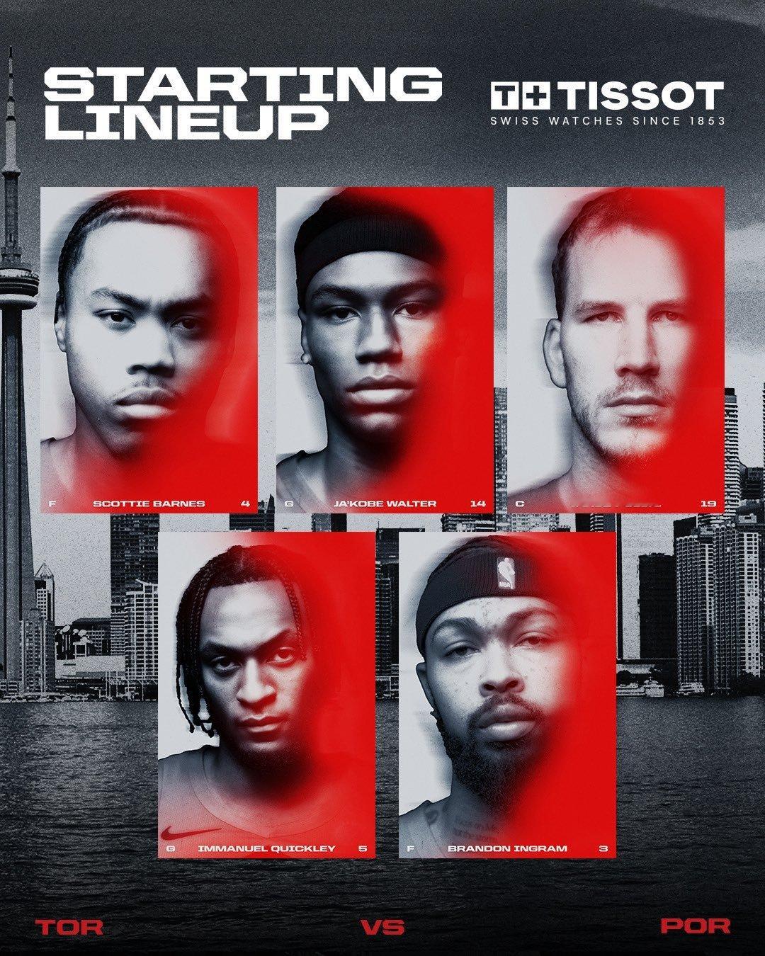 猛龙今天对阵开拓者，巴恩斯和英格拉姆领衔首发阵容。RJ巴雷特膝盖伤势有所好转，但