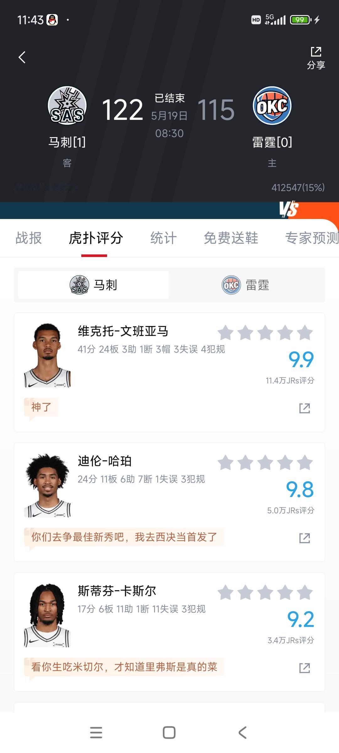 文班亚马今天拿到9.9评分，让所有人都服了！

41分24个篮板，这是巅峰奥尼尔