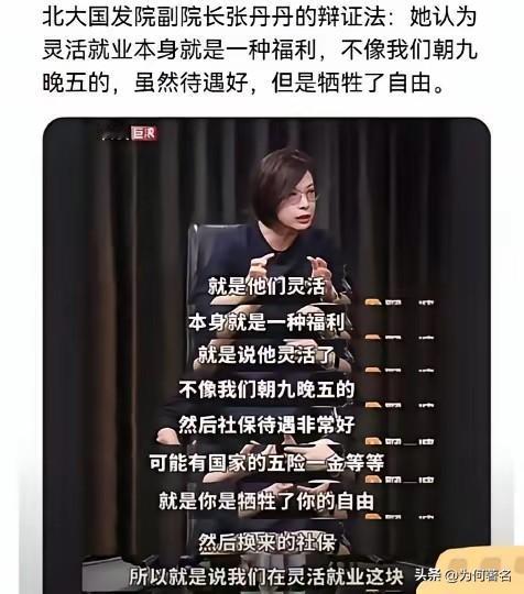 北大副院长张丹丹认为：
灵活就业是一种福利，待遇好，不像他们这么辛苦还没有自由。