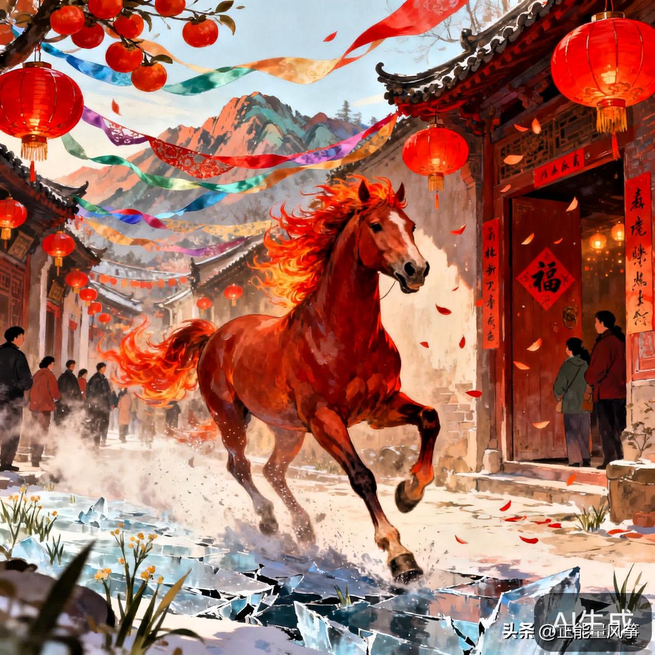 上句：张灯结彩送旧岁，盼请下联下联应是：骏马奔腾迎新春。红灯笼如熟透的果实垂挂檐