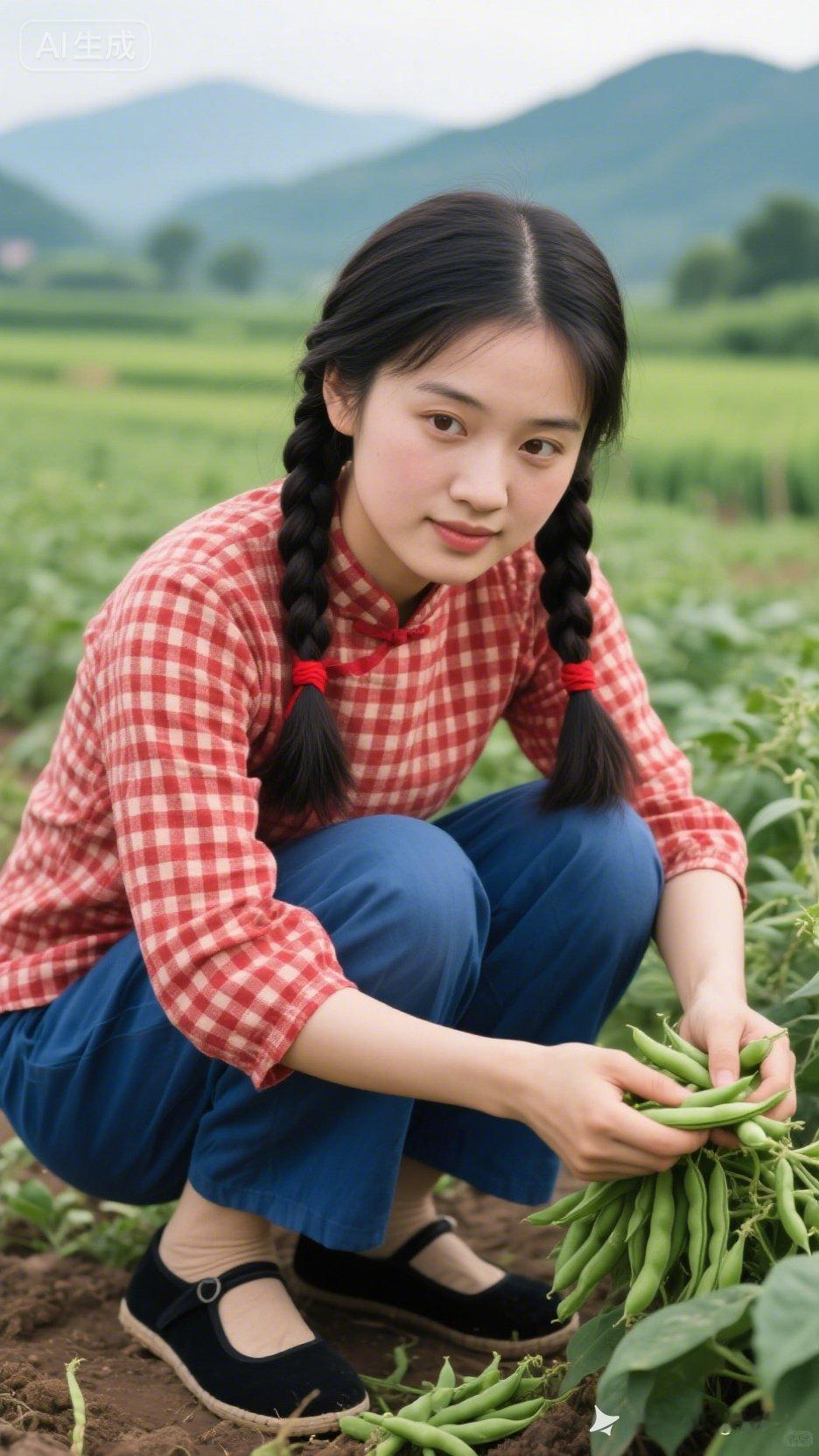 田园少女采摘绿色蔬菜，自然清新，笑靥如花。