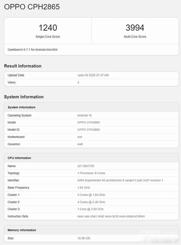 OPPO Reno 16全球版现身Geekbench跑分平台，相关信息显示，该机